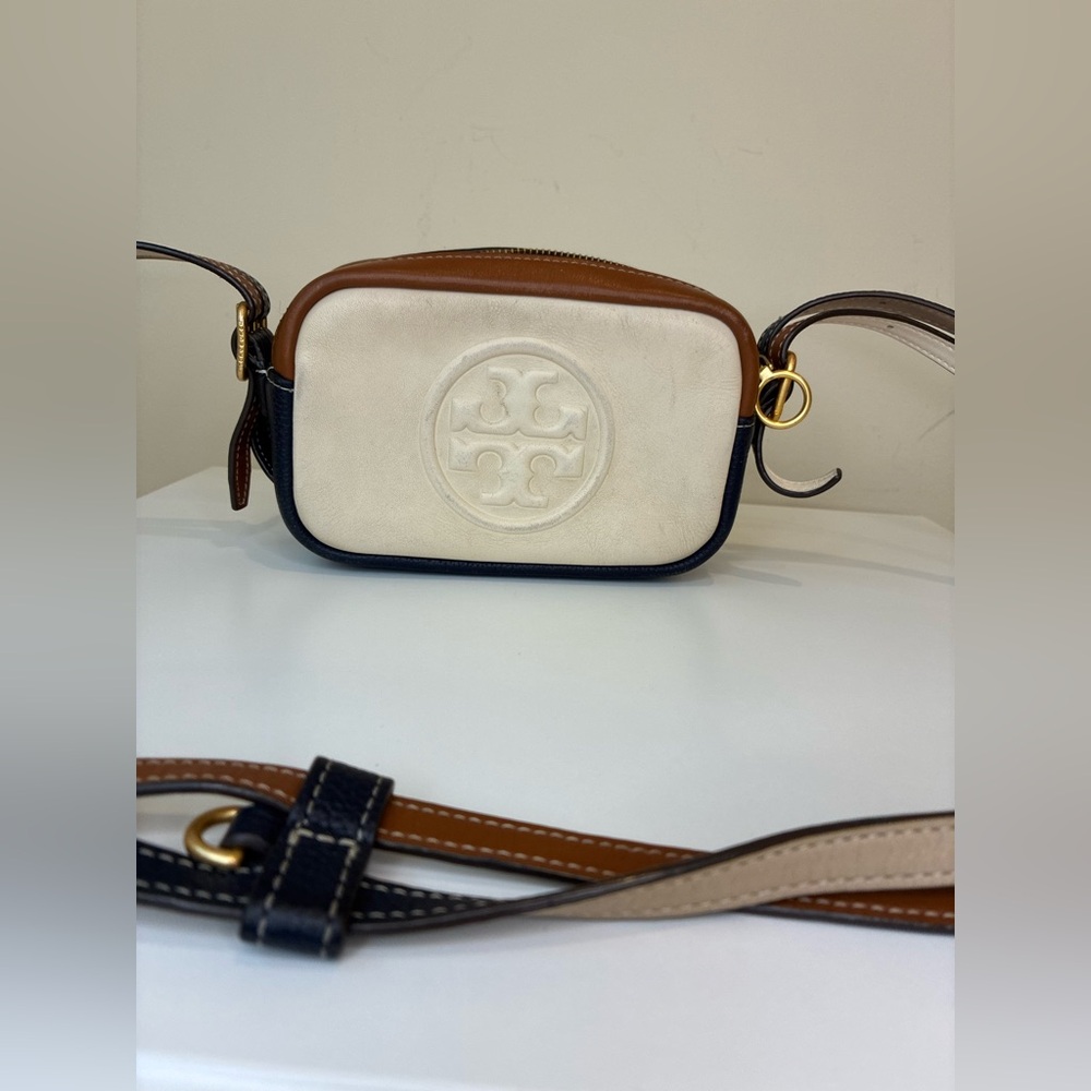 Tory Burch Perry Bombe Pebbled Leather Mini Crossbody Cream Navy Double strap